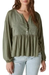 LUCKY BRAND BEADED EMBROIDERED PINTUCK TOP
