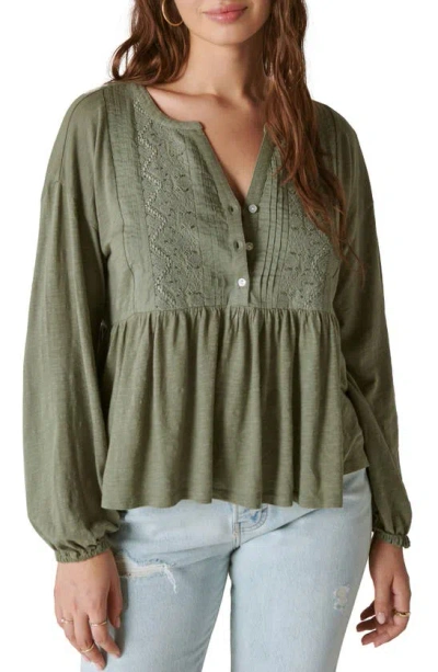Lucky Brand Beaded Embroidered Pintuck Top In Green