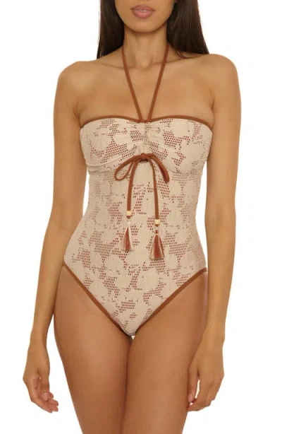 Lucky Brand Belize Ruched Lace Overlay One-piece Swimsuit In Neutral