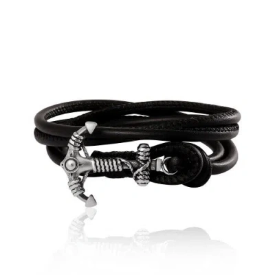 Lucky Brand Black Leather Anchor Wrap Bracelet With Adjustable Fit