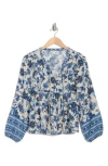 Lucky Brand Border Print Split Neck Top In Blue Multi