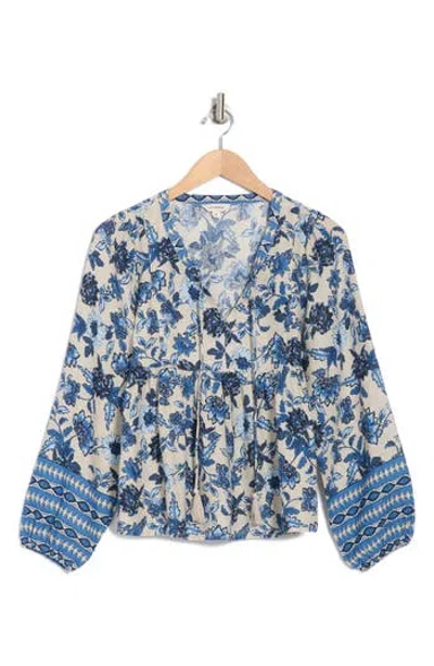 Lucky Brand Border Print Split Neck Top In Blue Multi