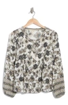 Lucky Brand Border Print Split Neck Top In Natural Multi