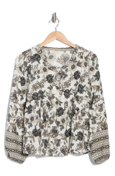 Lucky Brand Border Print Split Neck Top In Natural Multi