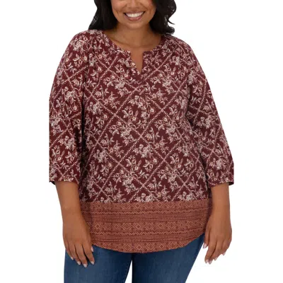 Lucky Brand Border Print Top In Burgundy Multi