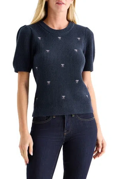 Lucky Brand Bow Embroidered Short Sleeve Sweater In Blue