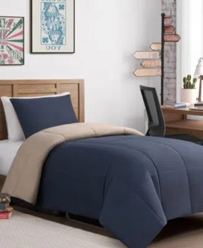 Lucky Brand Box Stitch Reversible Comforter Set In Vintage Blue Indigo,tan