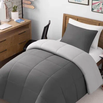 Lucky Brand Box Stitch Reversible Comforter Sets In Dark Gray,light Gray