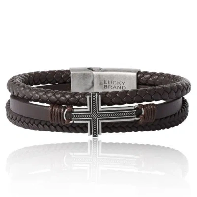 Lucky Brand Braided Leather Bracelet With Cross In Brown