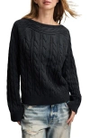 Lucky Brand Cable Stitch Boat Neck Cotton Sweater In Black