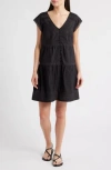 Lucky Brand Cap Sleeve Button Front Cotton Minidress In Black