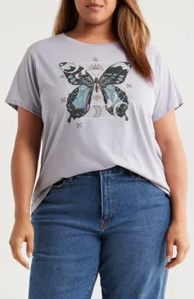 Lucky Brand Celestial Butterfly Embellished Graphic T-shirt In Gray