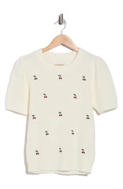 Lucky Brand Cherry Embroidered Short Sleeve Sweater In White
