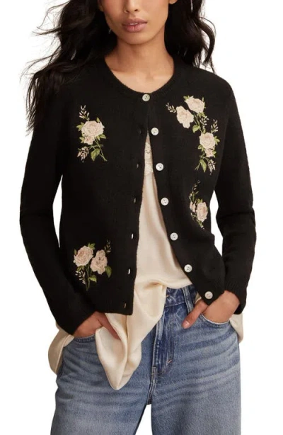 Lucky Brand Cloud Soft Embroidered Cardigan In Black