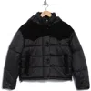 Lucky Brand Corduroy Trim Hooded Crop Puffer Jacket In Black