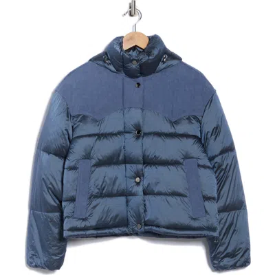 Lucky Brand Corduroy Trim Hooded Crop Puffer Jacket In Blue