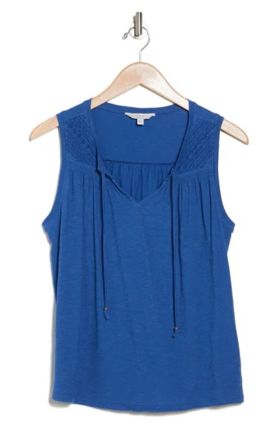 Lucky Brand Cotton Embroidered Yoke Tank In Blue