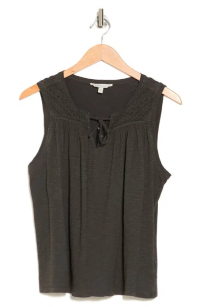 Lucky Brand Cotton Embroidered Yoke Tank In Raven