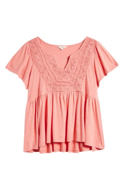 Lucky Brand Crochet Yoke Babydoll Top In Peach Blossom