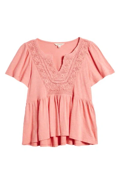 Lucky Brand Crochet Yoke Babydoll Top In Peach Blossom