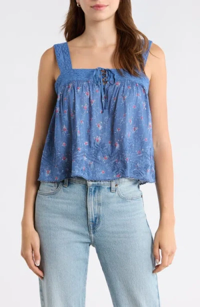 Lucky Brand Ditsy Floral Embroidered Lace Trim Swing Tank In Brown