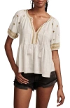 LUCKY BRAND EASY EMBROIDERED COTTON BABYDOLL TOP
