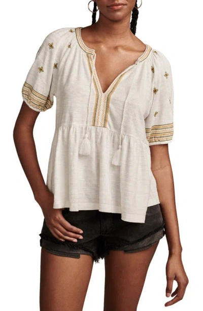 Lucky Brand Easy Embroidered Cotton Babydoll Top In Cream
