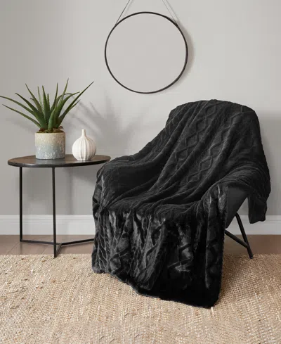 Lucky Brand Embossed Cable Faux Fur Throw, 50" X 70" In Black