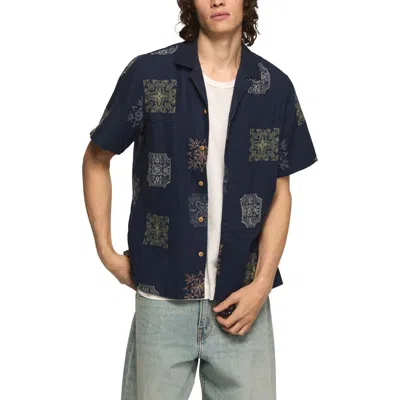 Lucky Brand Embridered Tile Pattern Cotton Camp Shirt In Blue