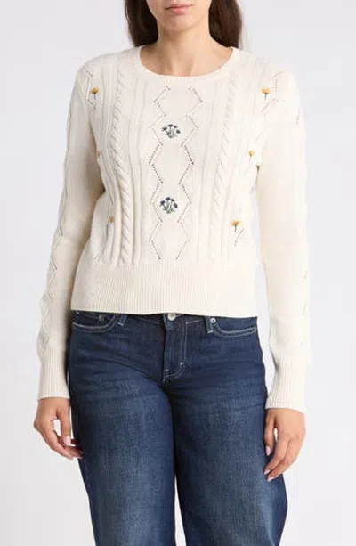 Lucky Brand Embroidered Cable Sweater In White