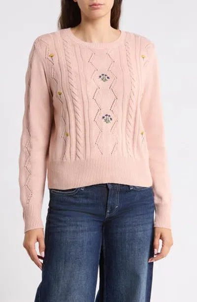 Lucky Brand Embroidered Cable Sweater In Pink