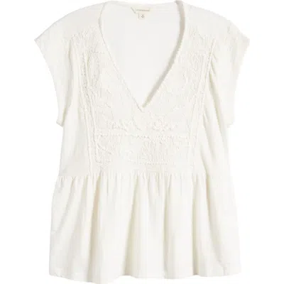 Lucky Brand Embroidered Cotton Babydoll Top In White