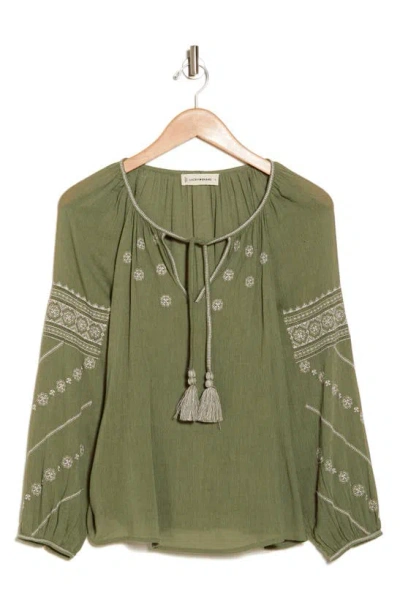 Lucky Brand Embroidered Cotton Blend Peasant Top In Dusty Olive