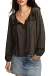 Lucky Brand Embroidered Cotton Peasant Top In Black
