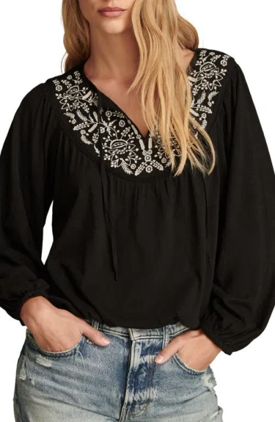 Lucky Brand Embroidered Cotton Peasant Top In Caviar