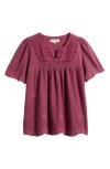 Lucky Brand Embroidered Cotton Popover Top In Maroon Banner