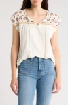 Lucky Brand Embroidered Cotton Split Neck Top In Whisper White