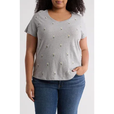 Lucky Brand Embroidered Cotton T-shirt In Gray