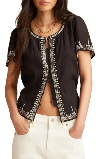 Lucky Brand Embroidered Crinkle Front Button Top In Caviar