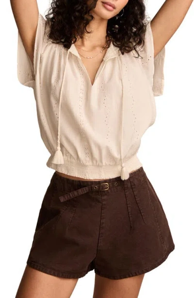Lucky Brand Embroidered Eyelet Short Sleeve Smocked Hem Top In Tofu