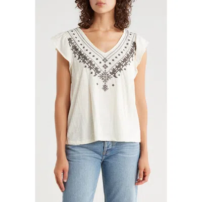 Lucky Brand Embroidered Flutter Sleeve Cotton Top In Multi