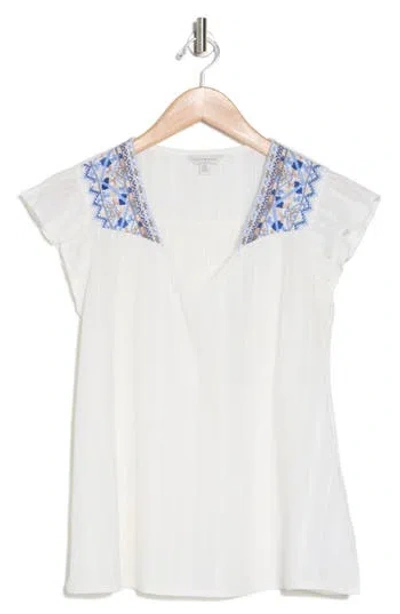 Lucky Brand Embroidered Flutter Sleeve Top In Blue Multi
