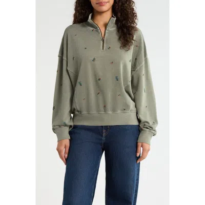 Lucky Brand Embroidered Half-zip Cotton Fleece Sweatshirt In Gray