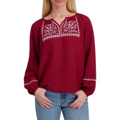 Lucky Brand Embroidered Long Sleeve Cotton Blend Top In Burgundy