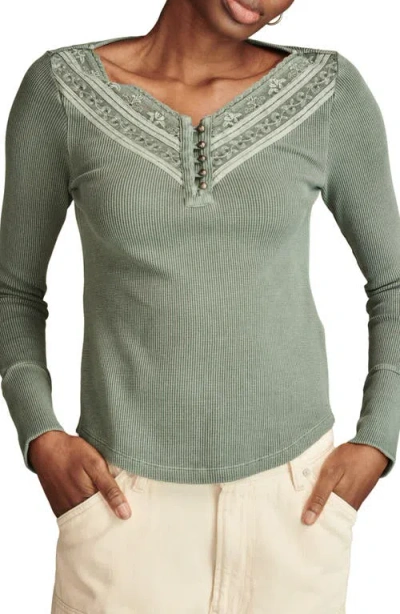 Lucky Brand Embroidered Mesh Henley In Balsam Green