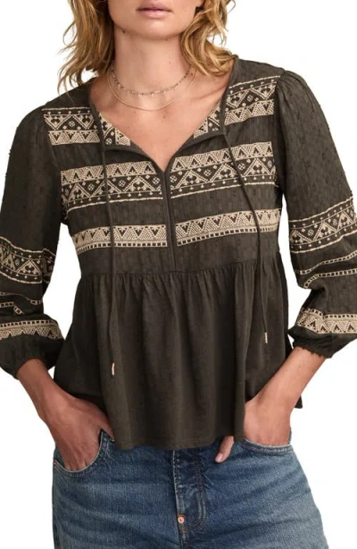 Lucky Brand Embroidered Peasant Top In Brown