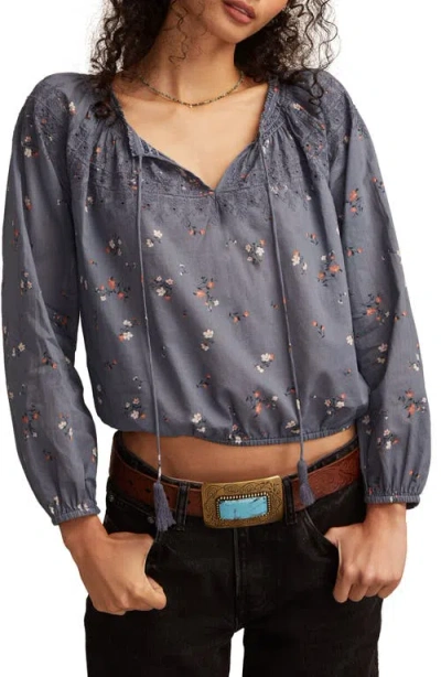 Lucky Brand Women's Embroidered Smocked Peasant Top In Gray