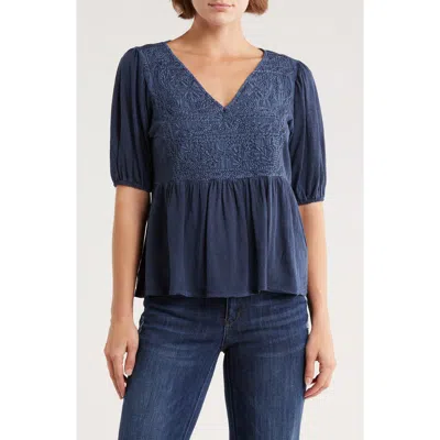 Lucky Brand Embroidered Peplum Top In Blue