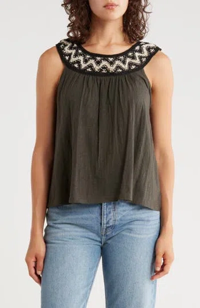 Lucky Brand Embroidered Round Neck Cotton Tank In Green