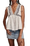 LUCKY BRAND EMBROIDERED RUCHED SHOULDER TANK